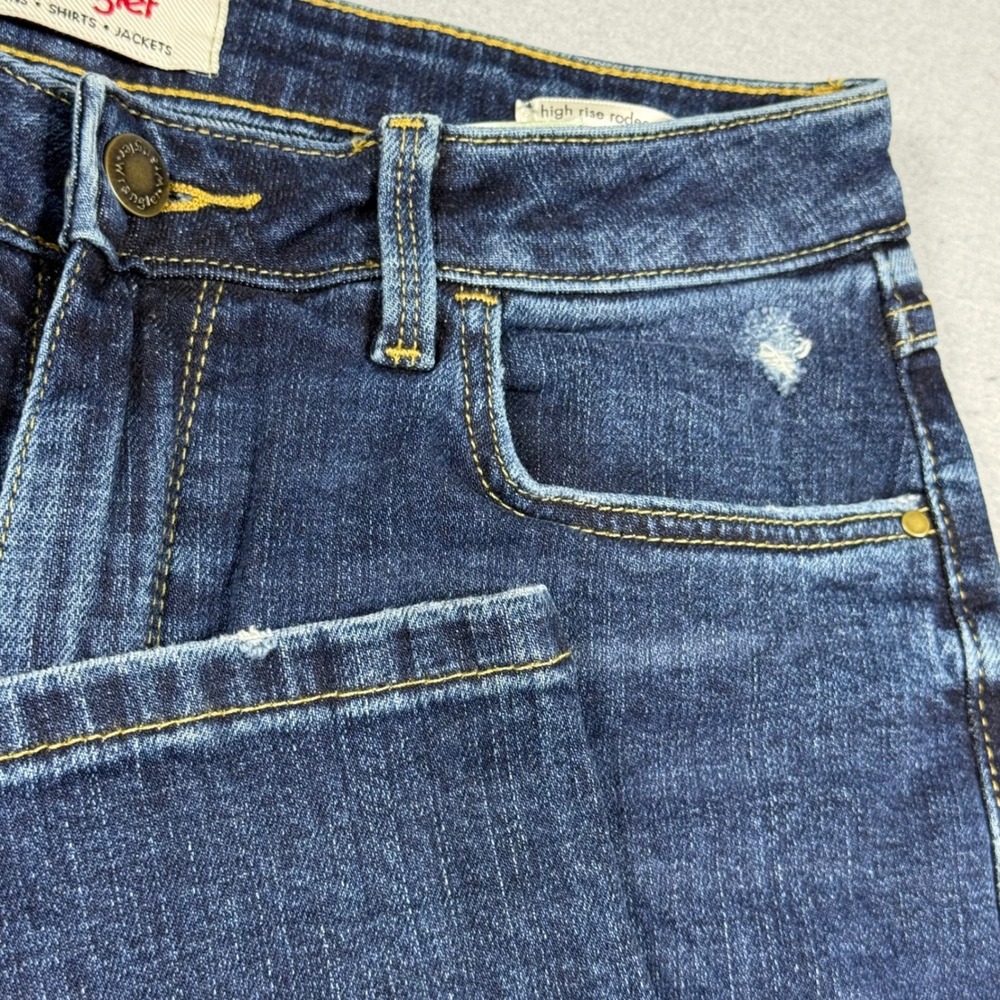 Wrangler High Rise Rodeo Straight Jeans Dark Wash Distressed Denim Blue Womens 6